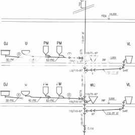 Zakreslení kanalizace a vodoinstalací do půdorysu (celý byt)